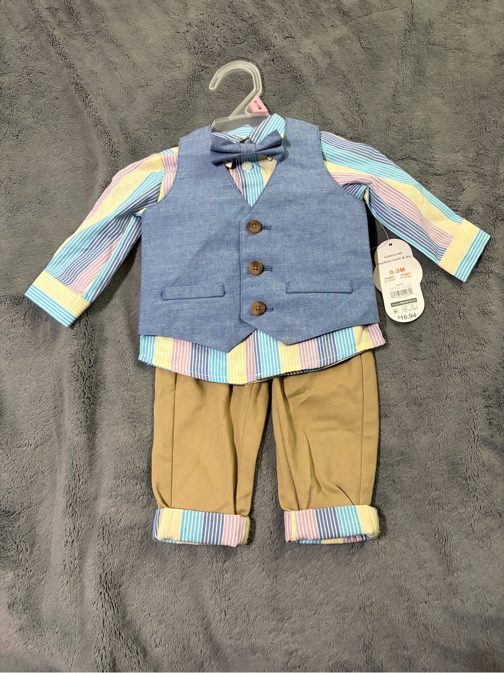 Baby Boys Blue Vest & Pastel Stripe Shirt Set with Tan Pants